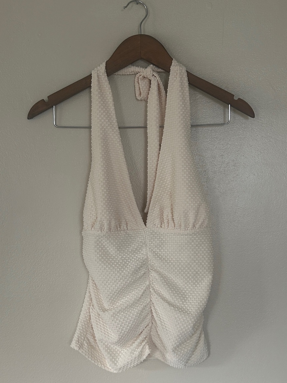 Anthropologie Porridge Ivory Swiss Dot Halter Top XS NWT Ruched Deep V Neck